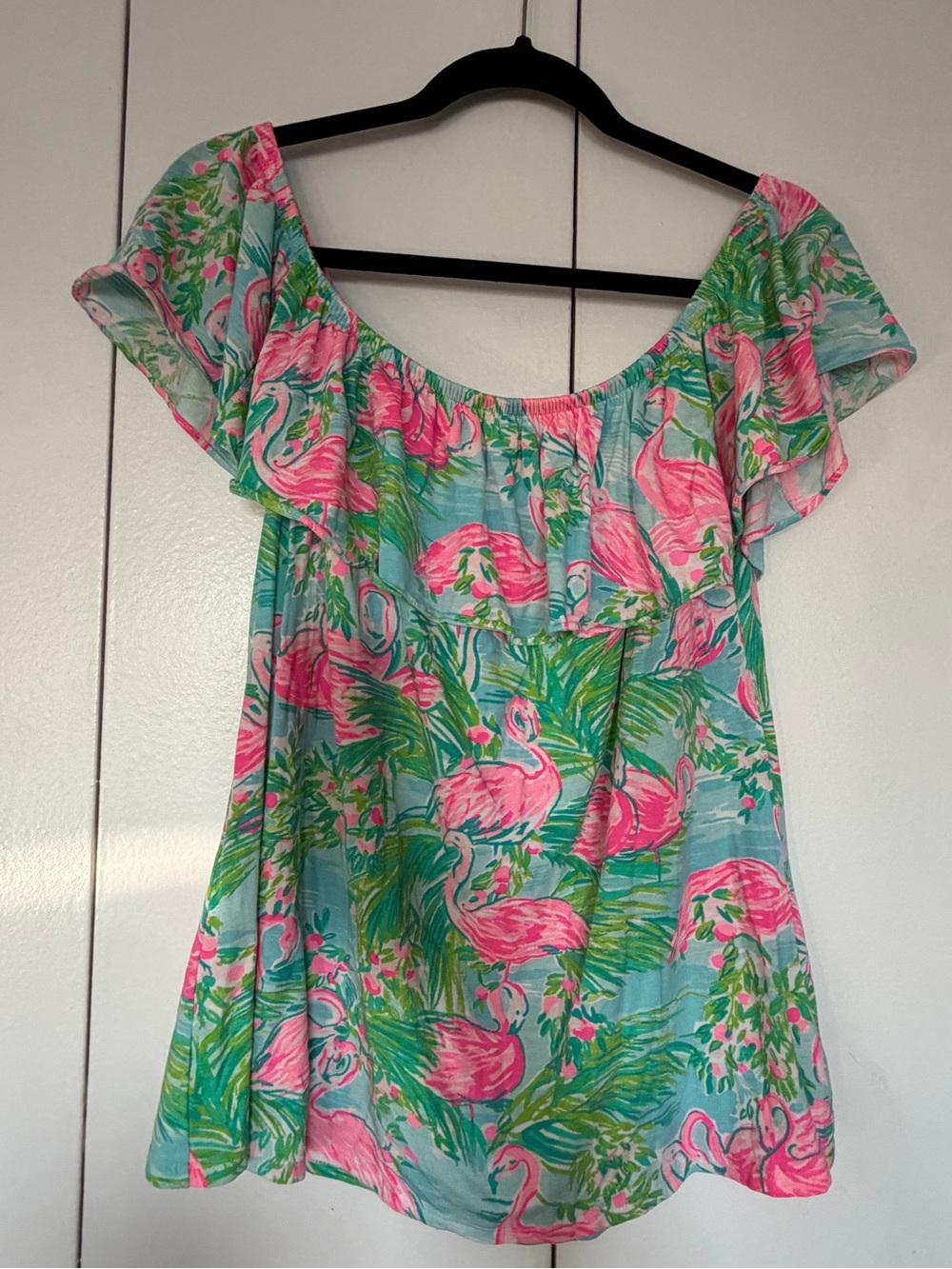 Lilly Pulitzer Pink Flamingo Ruffled Off-Shoulder Top on Aqua